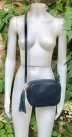 Small leather bag in navy blue. Crossbody / shoulder bag in dark blue GENUINE leather. Adjustable strap, zipper. Navy leather purse + tassel