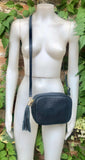 Small leather bag in navy blue. Crossbody / shoulder bag in dark blue GENUINE leather. Adjustable strap, zipper. Navy leather purse + tassel