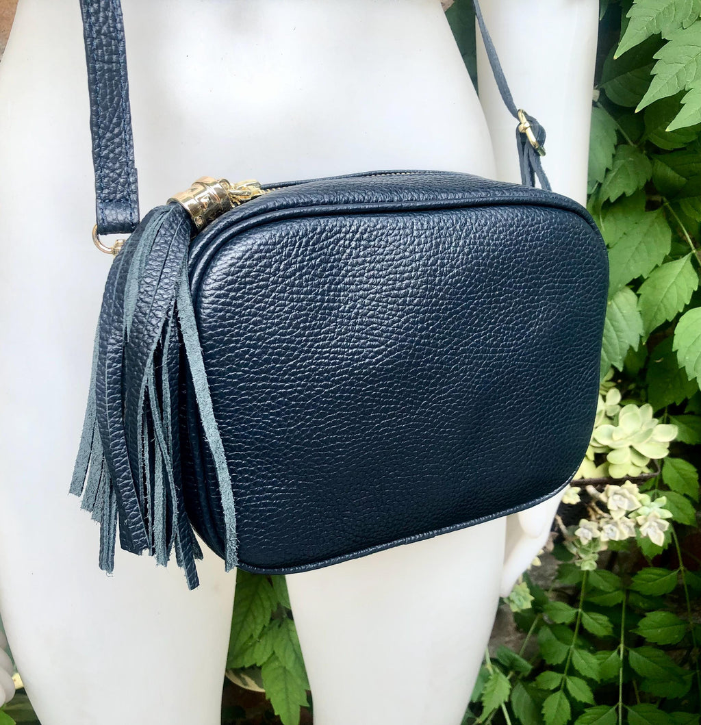 Special listing for Emily. Small leather bag in navy blue. Crossbody / shoulder bag in dark blue GENUINE leather. Adjustable strap, zipper.
