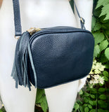Small leather bag in navy blue. Crossbody / shoulder bag in dark blue GENUINE leather. Adjustable strap, zipper. Navy leather purse + tassel