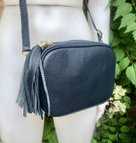Small leather bag in navy blue. Crossbody / shoulder bag in dark blue GENUINE leather. Adjustable strap, zipper. Navy leather purse + tassel