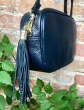 Small leather bag in navy blue. Crossbody / shoulder bag in dark blue GENUINE leather. Adjustable strap, zipper. Navy leather purse + tassel