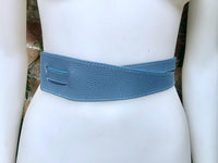 Wrap belt in blue-gray. Genuine leather 80s style obi belt. Blue waist belt. Blue wraparound belt. Gray dress belt