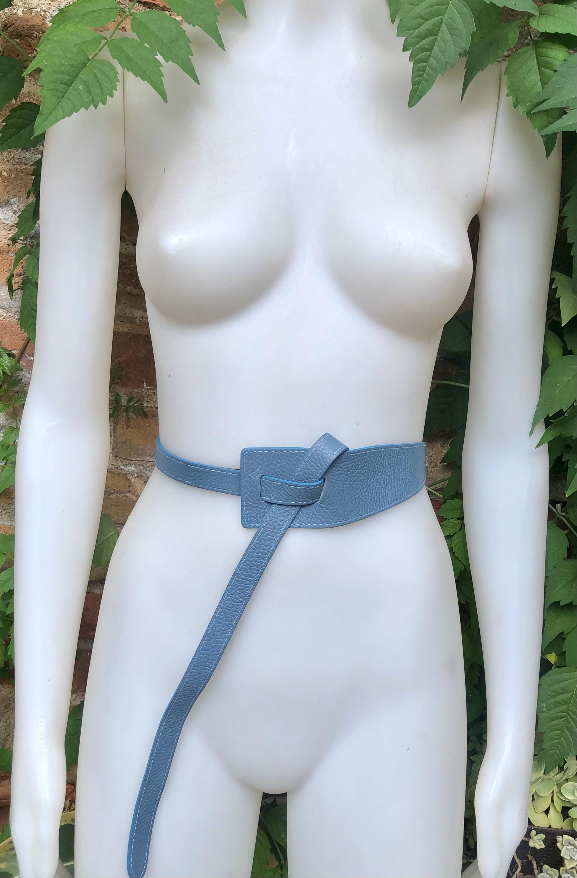 Wrap belt in blue-gray. Genuine leather 80s style obi belt. Blue waist belt. Blue wraparound belt. Denim blue dress belt