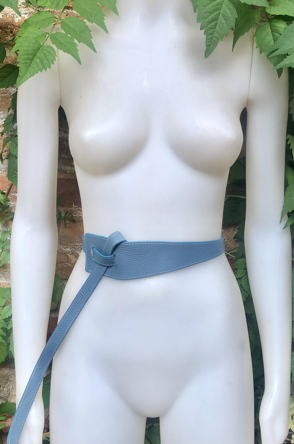 Wrap belt in blue-gray. Genuine leather 80s style obi belt. Blue waist belt. Blue wraparound belt. Denim blue dress belt