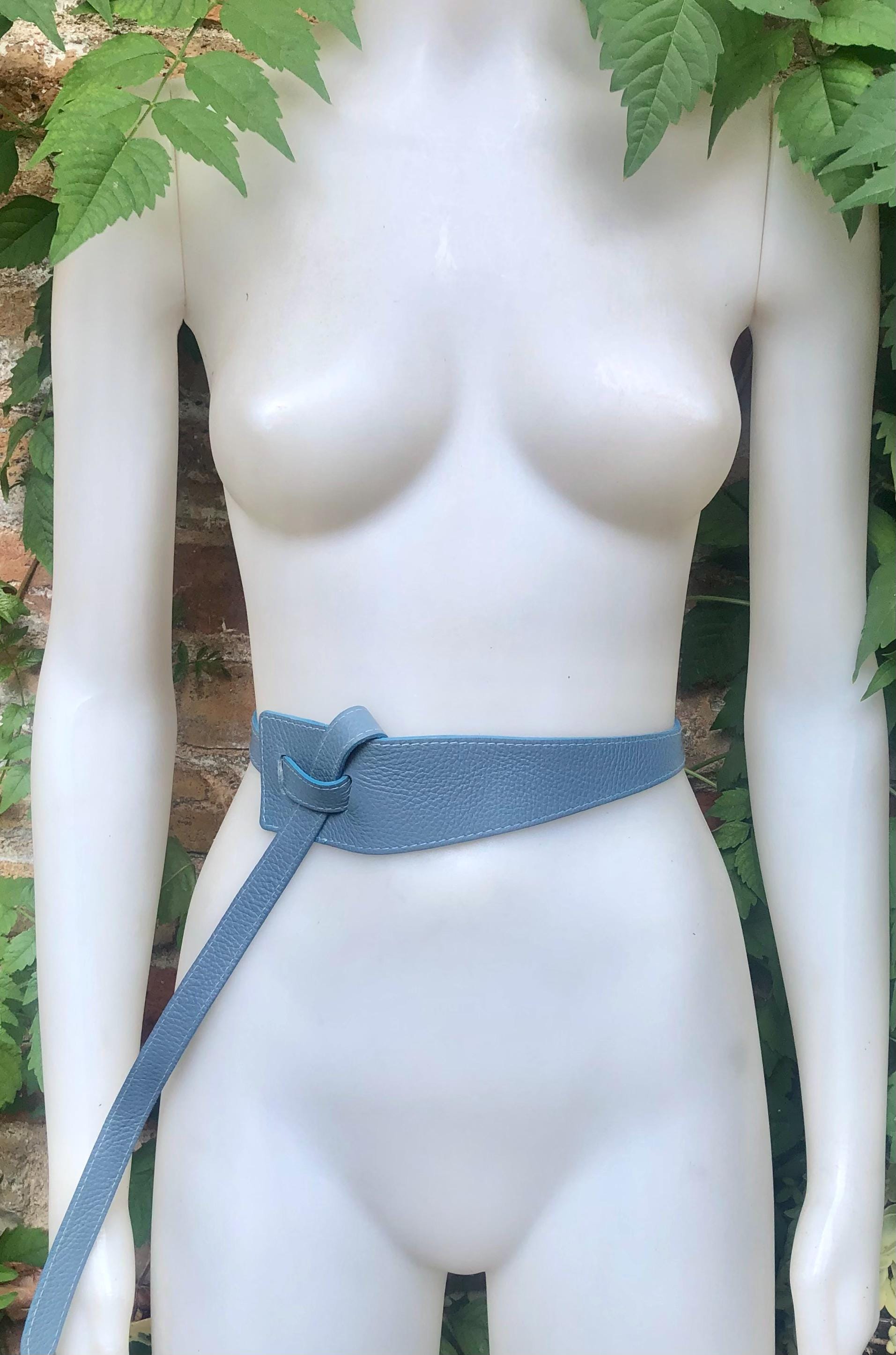 Wrap belt in blue-gray. Genuine leather 80s style obi belt. Blue waist belt. Blue wraparound belt. Denim blue dress belt