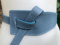 Wrap belt in blue-gray. Genuine leather 80s style obi belt. Blue waist belt. Blue wraparound belt. Gray dress belt