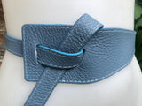 Wrap belt in blue-gray. Genuine leather 80s style obi belt. Blue waist belt. Blue wraparound belt. Denim blue dress belt