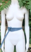 Wrap belt in blue-gray. Genuine leather 80s style obi belt. Blue waist belt. Blue wraparound belt. Gray dress belt