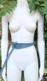 Wrap belt in blue-gray. Genuine leather 80s style obi belt. Blue waist belt. Blue wraparound belt. Gray dress belt