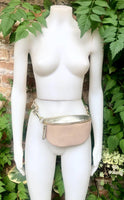 Beige - GOLD fanny pack. Small leather crossbody/ hip bag, bum pack bag in GENUINE leather. Beige -GOLD purse with adjustable strap