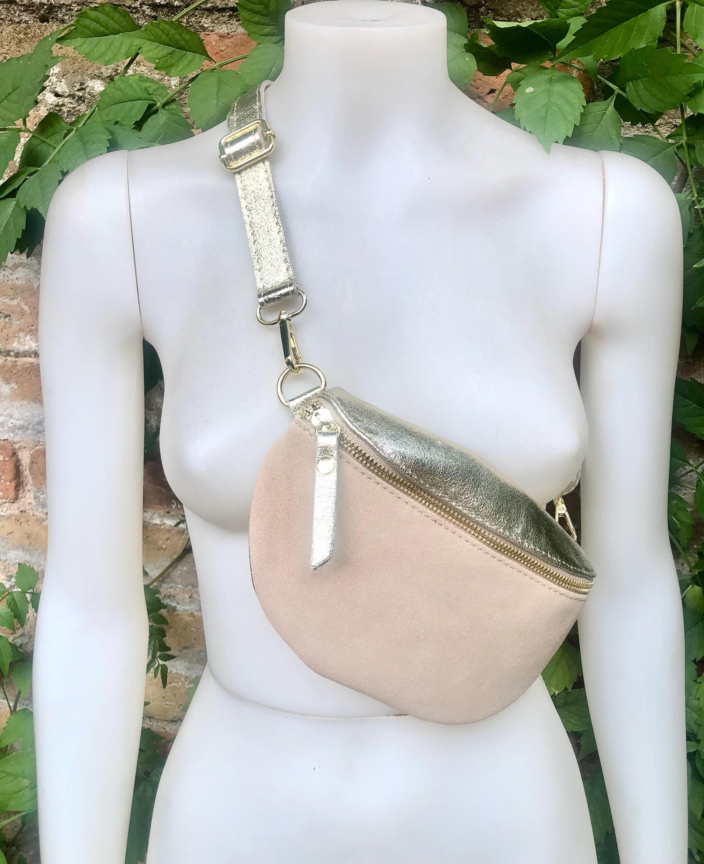 Beige - GOLD fanny pack. Small leather crossbody/ hip bag, bum pack bag in GENUINE leather. Beige -GOLD purse with adjustable strap