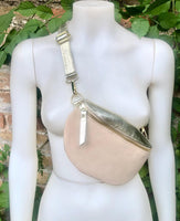 Beige - GOLD fanny pack. Small leather crossbody/ hip bag, bum pack bag in GENUINE leather. Beige -GOLD purse with adjustable strap