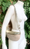 Beige - GOLD fanny pack. Small leather crossbody/ hip bag, bum pack bag in GENUINE leather. Beige -GOLD purse with adjustable strap