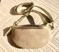 Beige - GOLD fanny pack. Small leather crossbody/ hip bag, bum pack bag in GENUINE leather. Beige -GOLD purse with adjustable strap