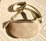 Beige - GOLD fanny pack. Small leather crossbody/ hip bag, bum pack bag in GENUINE leather. Beige -GOLD purse with adjustable strap