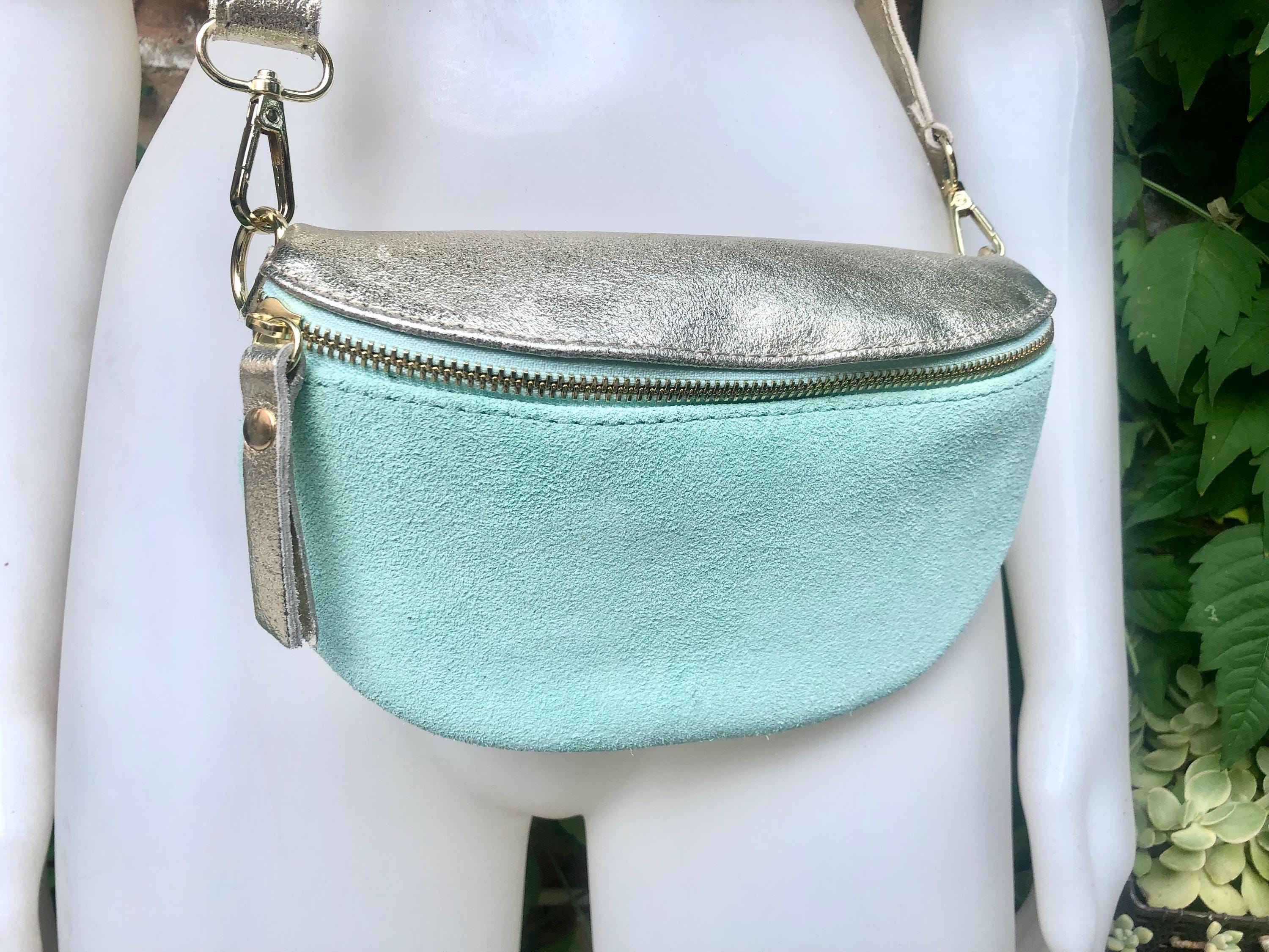 Mint green - GOLD fanny pack. GENUINE leather small leather crossbody / hip bag, bum pack. Aqua. Green -GOLD purse with adjustable strap