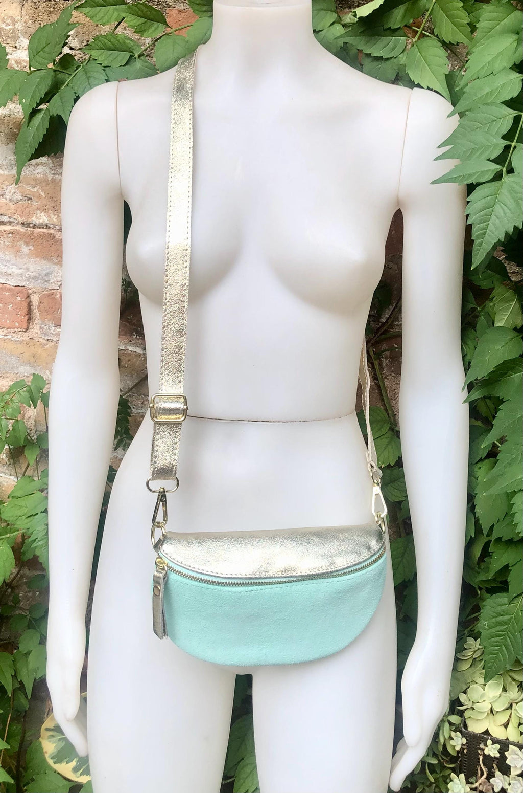 Mint green - GOLD fanny pack. GENUINE leather small leather crossbody / hip bag, bum pack. Aqua. Green -GOLD purse with adjustable strap