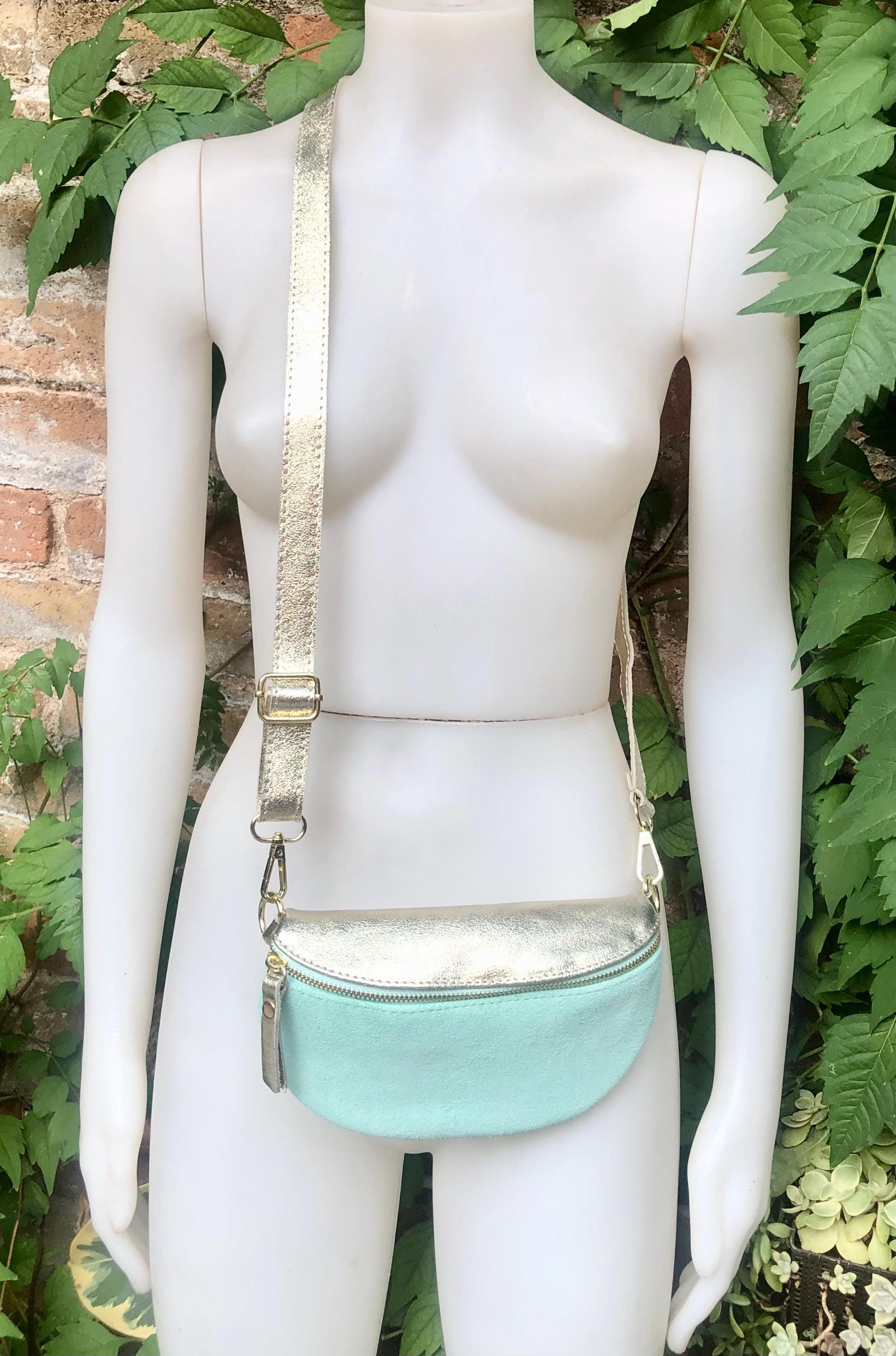 Mint green - GOLD fanny pack. GENUINE leather small leather crossbody / hip bag, bum pack. Aqua. Green -GOLD purse with adjustable strap