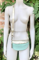 Mint green - GOLD fanny pack. GENUINE leather small leather crossbody / hip bag, bum pack. Aqua. Green -GOLD purse with adjustable strap