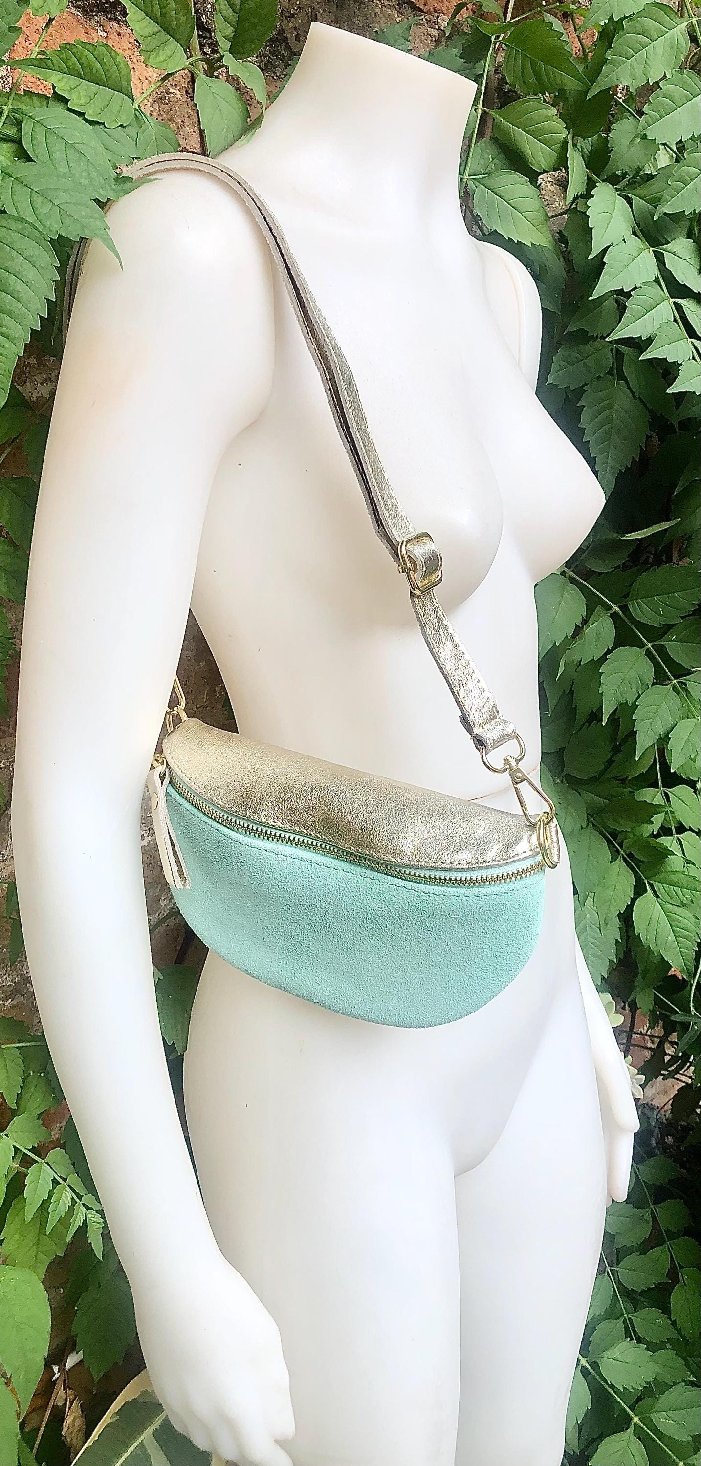 Mint green - GOLD fanny pack. GENUINE leather small leather crossbody / hip bag, bum pack. Aqua. Green -GOLD purse with adjustable strap
