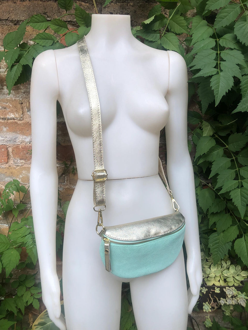 Mint green - GOLD fanny pack. GENUINE leather small leather crossbody / hip bag, bum pack. Aqua. Green -GOLD purse with adjustable strap