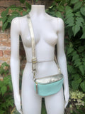 Mint green - GOLD fanny pack. GENUINE leather small leather crossbody / hip bag, bum pack. Aqua. Green -GOLD purse with adjustable strap
