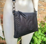 BLACK leather bag. Washed genuine leather crossbody / shoulder bag / wristlet. Black distressed braided leather purse with adjustable strap.