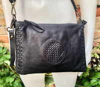 BLACK leather bag. Washed genuine leather crossbody / shoulder bag / wristlet. Black distressed braided leather purse with adjustable strap.
