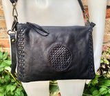 BLACK leather bag. Washed genuine leather crossbody / shoulder bag / wristlet. Black distressed braided leather purse with adjustable strap.