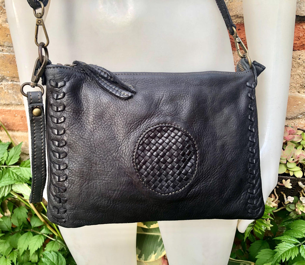 BLACK leather bag. Washed genuine leather crossbody / shoulder bag / wristlet. Black distressed braided leather purse with adjustable strap.