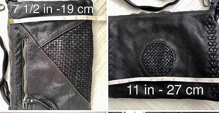 BLACK leather bag. Washed genuine leather crossbody / shoulder bag / wristlet. Black distressed braided leather purse with adjustable strap.