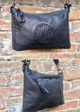 BLACK leather bag. Washed genuine leather crossbody / shoulder bag / wristlet. Black distressed braided leather purse with adjustable strap.