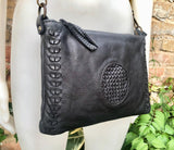 BLACK leather bag. Washed genuine leather crossbody / shoulder bag / wristlet. Black distressed braided leather purse with adjustable strap.