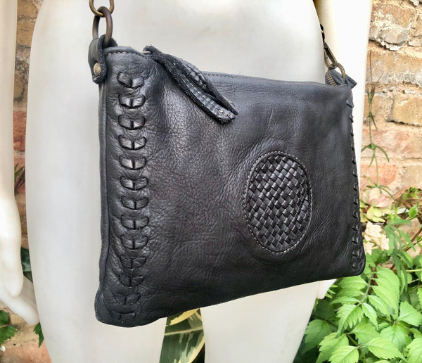 BLACK leather bag. Washed genuine leather crossbody / shoulder bag / wristlet. Black distressed braided leather purse with adjustable strap.