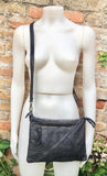 BLACK leather bag. Washed genuine leather crossbody / shoulder bag / wristlet. Black distressed braided leather purse with adjustable strap.