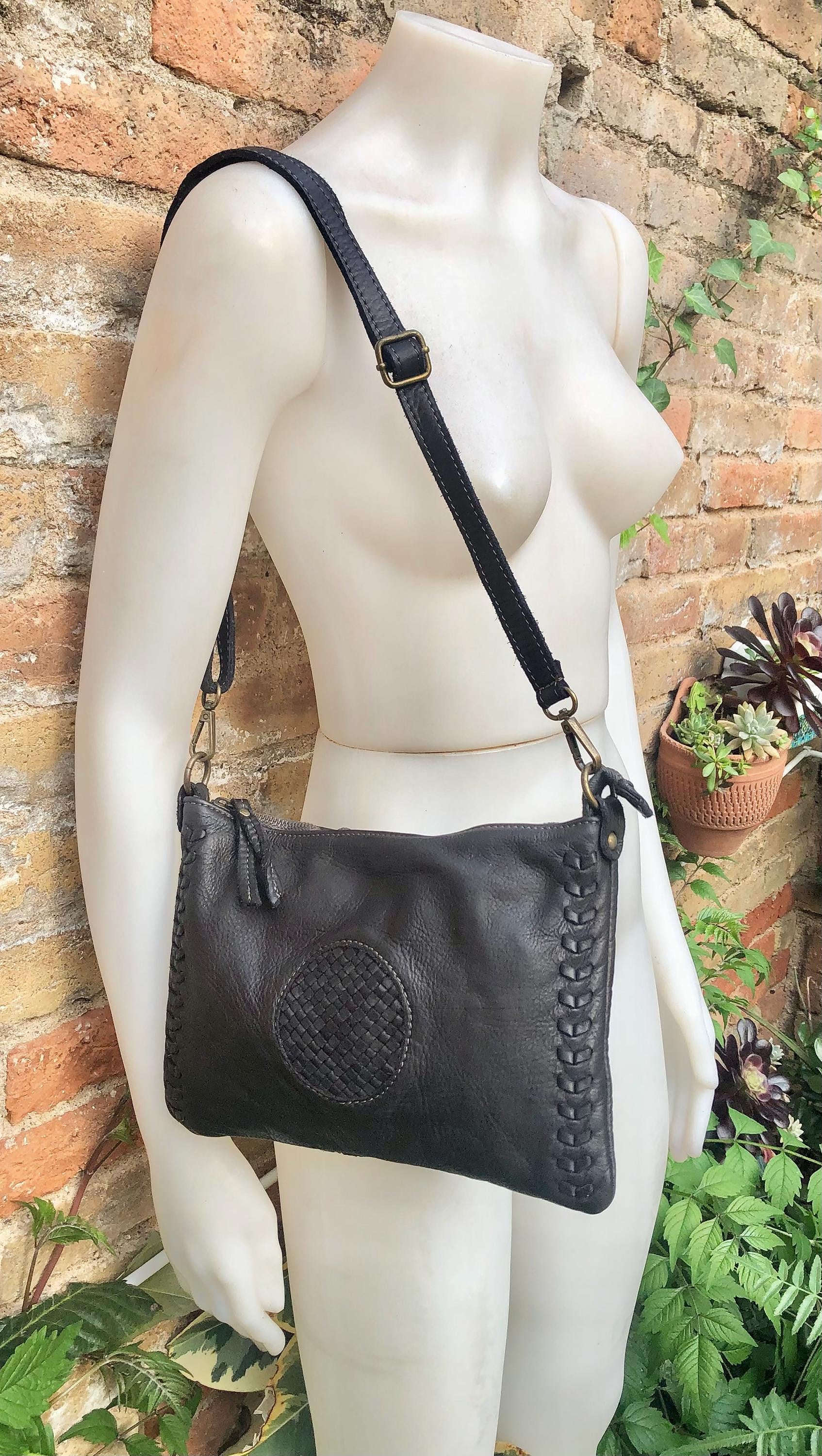 BLACK leather bag. Washed genuine leather crossbody / shoulder bag / wristlet. Black distressed braided leather purse with adjustable strap.