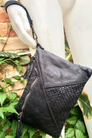 BLACK leather bag. Washed genuine leather crossbody / shoulder bag / wristlet. Black distressed braided leather purse with adjustable strap.