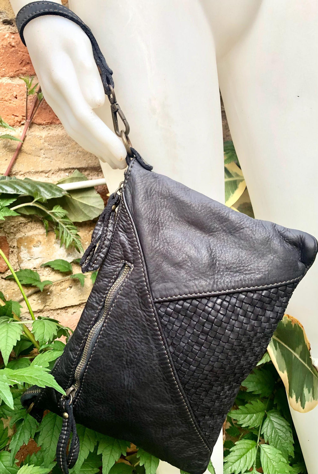 BLACK leather bag. Washed genuine leather crossbody / shoulder bag / wristlet. Black distressed braided leather purse with adjustable strap.