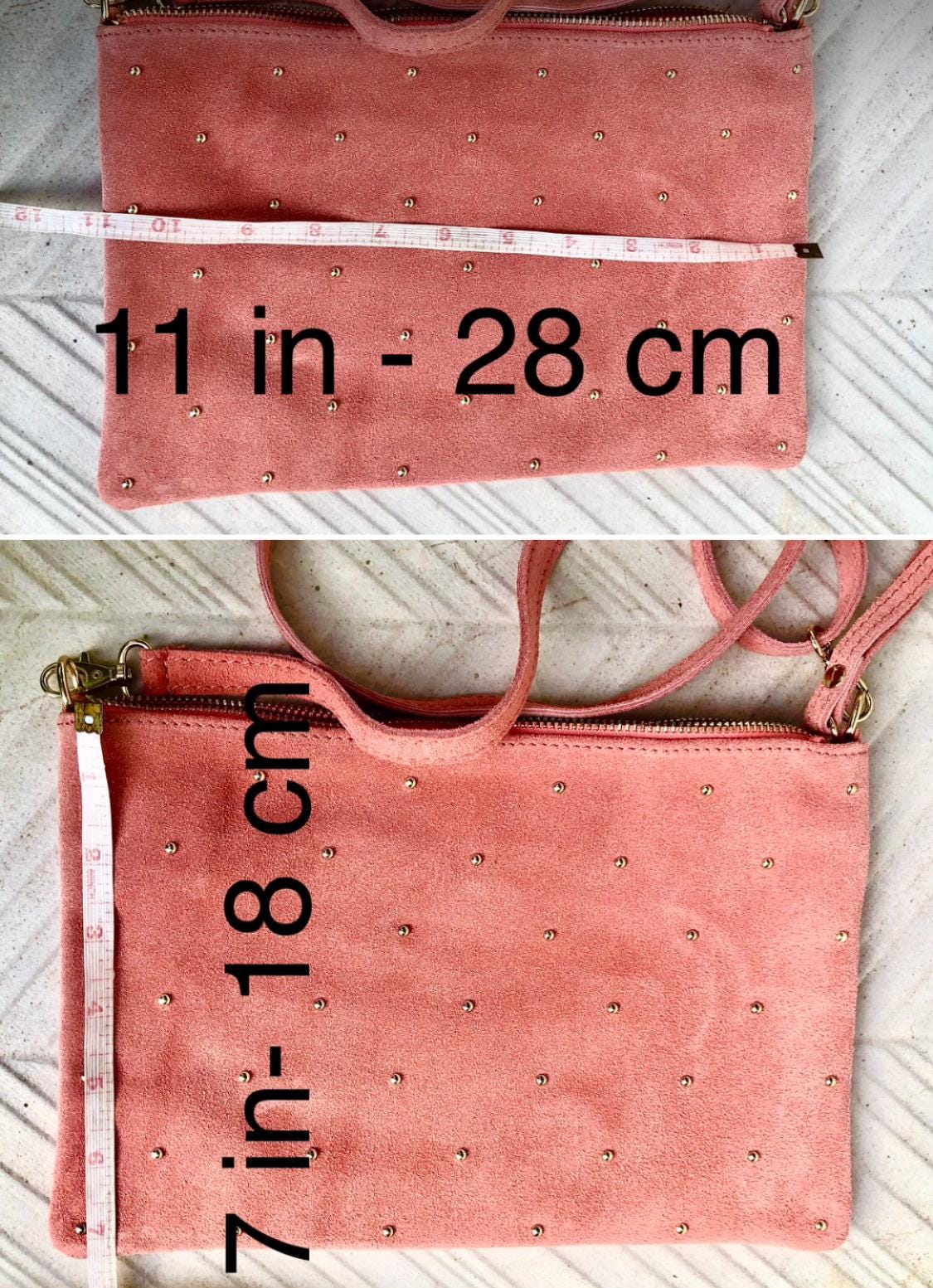 SALMON pink suede leather bag. GENUINE leather small crossbody / shoulder bag. Adjustable strap + zipper. Light pink suede purse with tacks.