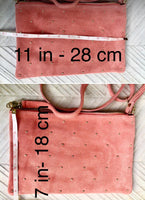 SALMON pink suede leather bag. GENUINE leather small crossbody / shoulder bag. Adjustable strap + zipper. Light pink suede purse with tacks.