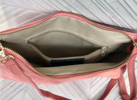 SALMON pink suede leather bag. GENUINE leather small crossbody / shoulder bag. Adjustable strap + zipper. Light pink suede purse with tacks.