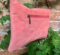 SALMON pink suede leather bag. GENUINE leather small crossbody / shoulder bag. Adjustable strap + zipper. Light pink suede purse with tacks.
