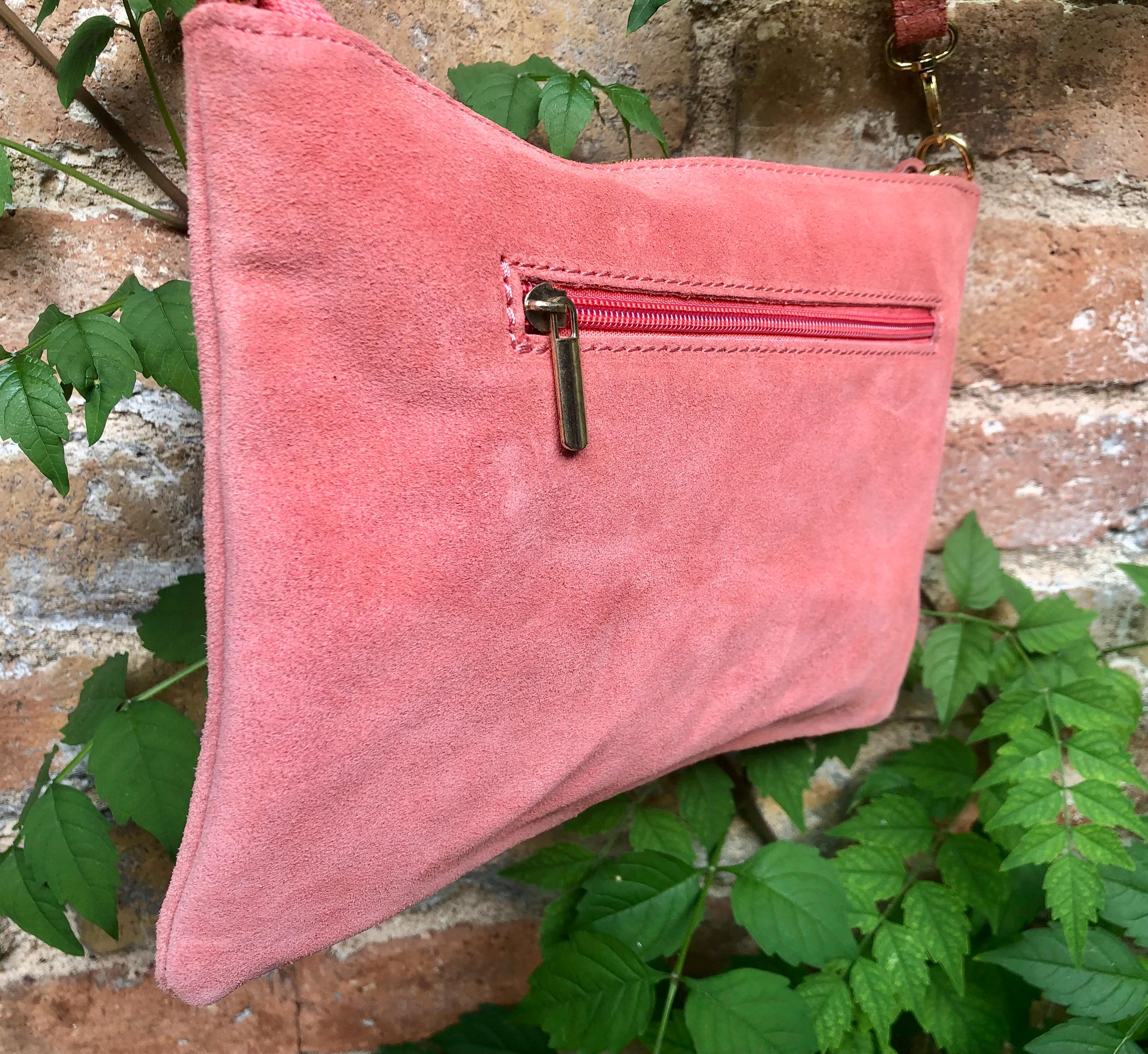 SALMON pink suede leather bag. GENUINE leather small crossbody / shoulder bag. Adjustable strap + zipper. Light pink suede purse with tacks.