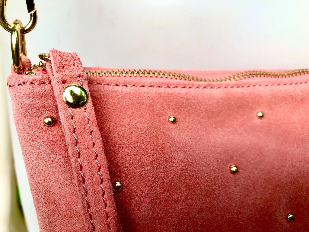 SALMON pink suede leather bag. GENUINE leather small crossbody / shoulder bag. Adjustable strap + zipper. Light pink suede purse with tacks.