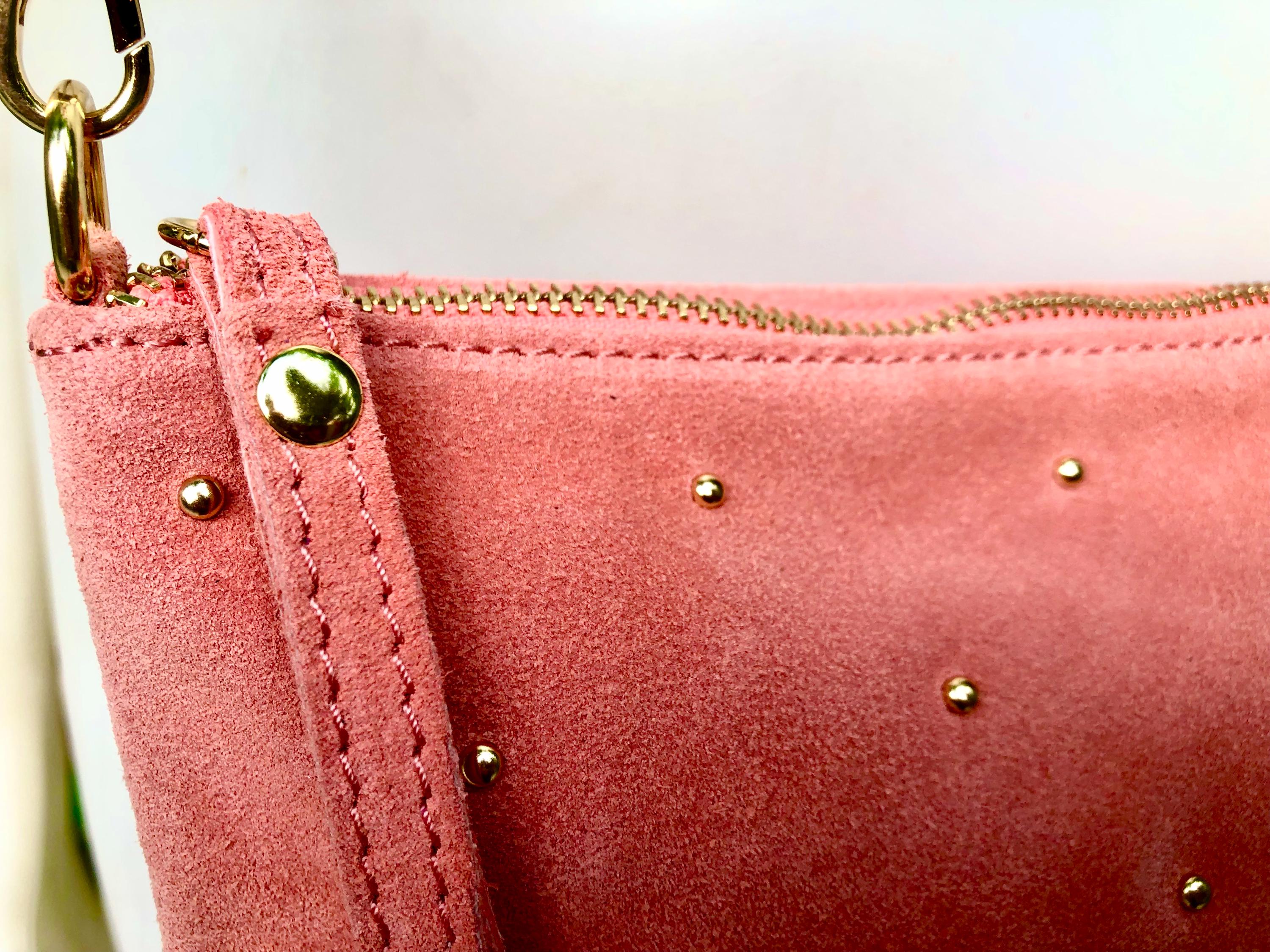 SALMON pink suede leather bag. GENUINE leather small crossbody / shoulder bag. Adjustable strap + zipper. Light pink suede purse with tacks.