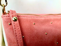 SALMON pink suede leather bag. GENUINE leather small crossbody / shoulder bag. Adjustable strap + zipper. Light pink suede purse with tacks.