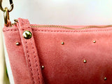 SALMON pink suede leather bag. GENUINE leather small crossbody / shoulder bag. Adjustable strap + zipper. Light pink suede purse with tacks.