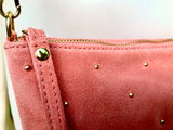 SALMON pink suede leather bag. GENUINE leather small crossbody / shoulder bag. Adjustable strap + zipper. Light pink suede purse with tacks.