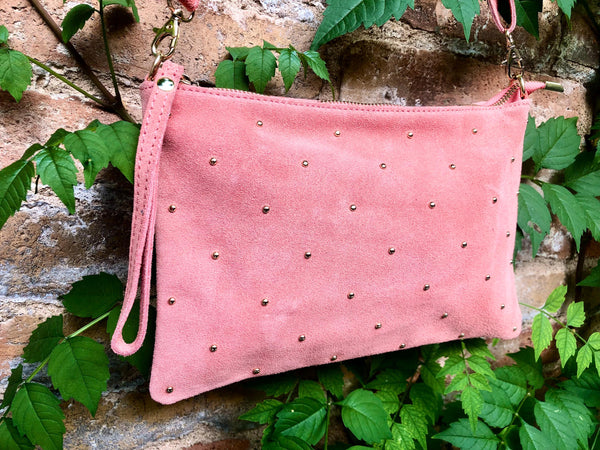 SALMON pink suede leather bag. GENUINE leather small crossbody / shoulder bag. Adjustable strap + zipper. Light pink suede purse with tacks.